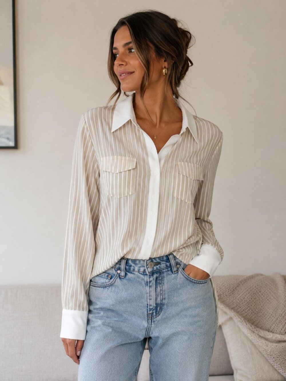Women's Beige & White Striped Button-Up Shirt L By Fisoul